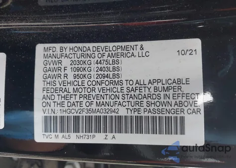 2021 Honda Accord Sport 2.0T z USA, uszkodzony, nr VIN 1HGCV2F35MA032942